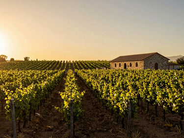 Wide shot of vineyard rows at Concha y Toro in Pirque at golden hour, long parallel vine rows converging toward a stone bodega building in the right third, warm amber light, no people
