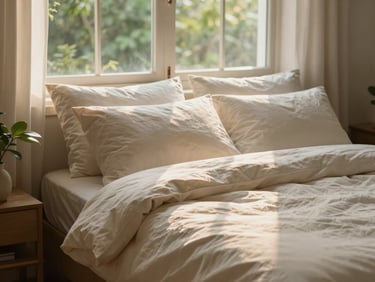 Peaceful, warm bedroom with soft ivory bedding, golden-hour window light casting gentle shadows, a botanical element on a bedside table.