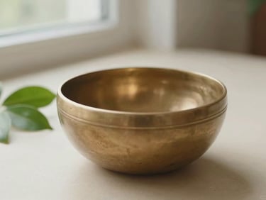 Close-up of a brass sound bowl emitting soft vibrations, surrounded by diffused light and a few green leaves on a warm ivory surface.
