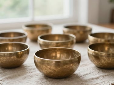 Close-up of brass sound bowls arranged on a natural linen cloth, soft diffused light, shallow depth of field.