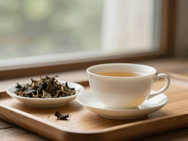 Warm tea service with a ceramic cup and a small plate of natural elements on a wooden tray, soft light, shallow depth of field.