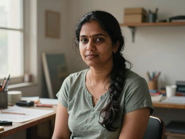 An editorial portrait of a South Asian woman artist in her studio, natural morning light, 35mm lens