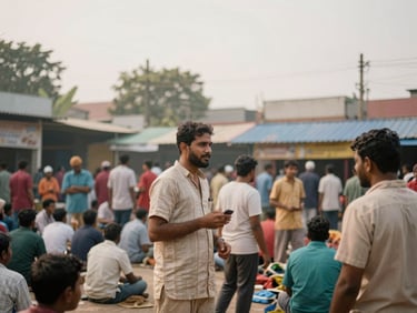 Soft overcast daylight over a bustling South Asian community center, candid interactions, natural tones