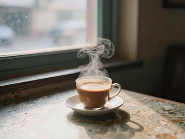 A quiet morning scene in a South Asian cafe, steam rising from a cup of chai, soft window light