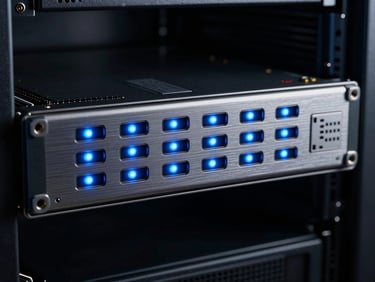 Macro shot of glowing blue LED indicators on a rack-mounted Nvidia server chassis, dark-room studio lighting, brushed metal surfaces, 35mm
