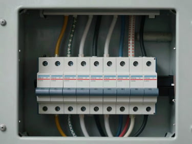 Close-up of residential electrical panel with circuit breakers neatly labeled and wired, conduit runs exiting top, overcast diffused light revealing precise workmanship