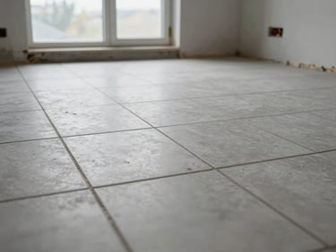 Interior renovation in progress, new ceramic tile floor being laid in a residential room, overcast window light, no workers posing—detail of tile alignment and grout lines