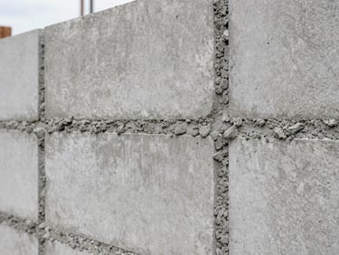 Close-up of fresh concrete block wall under construction, trowel marks visible on mortar joints, overcast daylight revealing texture and precision