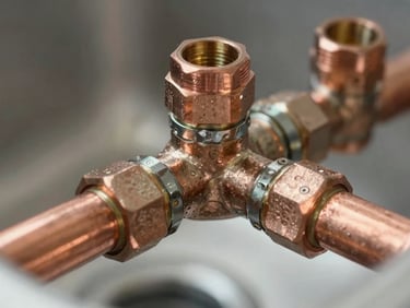 Extreme close-up of copper pipe connections under a sink, clean soldered joints with fittings labeled, natural side-light revealing pipe detail, no people