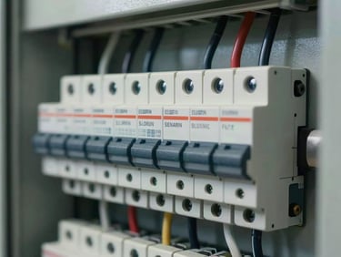 Close-up of electrical panel with circuit breakers properly labeled and wired, conduit runs visible, overcast interior light showing clean installation detail, no people
