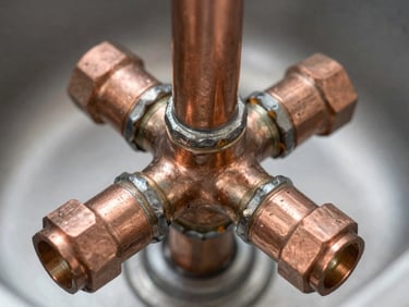 Overhead close-up of copper plumbing connections under a sink, soldered joints and pipe fittings in sharp detail, diffused natural daylight, no staging