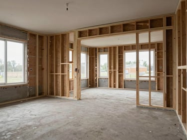 Wide shot of a residential interior mid-renovation showing exposed wall structure, new framing and clean concrete floor, overcast daylight through open window, no workers posed