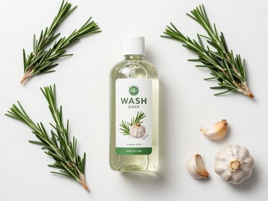 Overhead flat-lay of an organized kitchen prep station with fresh rosemary, garlic, and a bottle of wash solution, clean and appetizing presentation