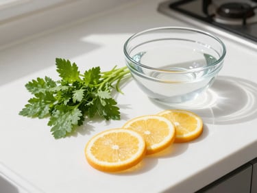 Fresh green herbs and citrus slices arranged on a clean white kitchen counter next to a glass bowl of clear water, bright high-key natural daylight, soft shadows
