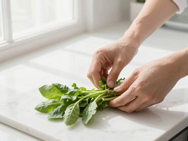 Close-up of clean hands preparing a fresh culinary station on a white marble countertop under bright airy window light