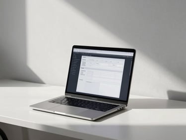 Minimalist workspace with natural light, a clean desk with a modern laptop showing structured wireframes, cool crisp studio lighting.
