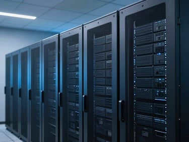 Sleek corporate server room with cool blue neon ambient lighting, architectural lines of modern server racks, sharp focus, 35mm