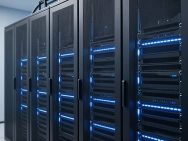 Modern server room rack illuminated by subtle blue LED light, clean architectural lines, sharp focus, sleek corporate photography, 35mm