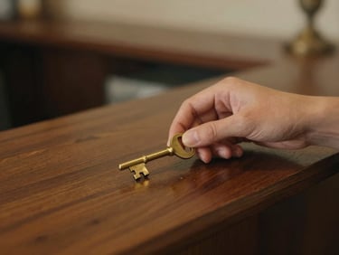 Close-up of hands placing a heavy brass room key onto a dark wooden reception desk, soft side lighting, warm tones