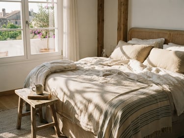Sun-drenched boutique hotel suite, morning light casting soft window shadows on linen sheets, warm editorial photography, 35mm film aesthetic
