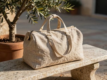 Sunlight hitting a textured linen travel bag resting on a travertine stone bench next to a potted olive tree, warm shadows