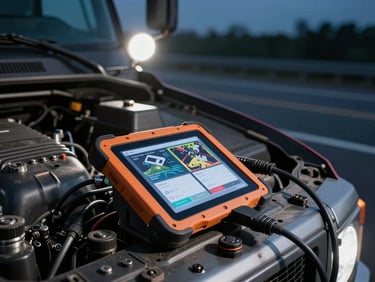 Close-up of a rugged diagnostic tablet plugged into a heavy truck engine bay under harsh service-truck spotlights, night highway background.