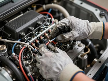 Close-up of hands in heavy-duty work gloves adjusting electrical wiring harnesses inside a complex diesel engine compartment