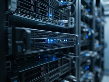 Macro shot of clean server racks with soft blue indicator lights, cool daylight, desaturated slate tones, shallow depth of field, 35mm