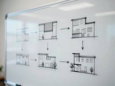 Architectural software diagrams sketched on a clean white whiteboard under cool daylight, shallow depth of field