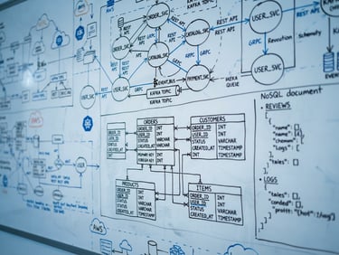Macro close-up shot of a clean whiteboard architectural diagram with hand-drawn database schemas and cloud-native microservices, soft blue ambient light, shallow depth of field, 35mm editorial photography.