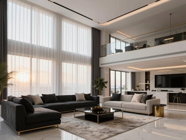 Ultra-modern living room in West Bay tower, clean lines, black and gold accents, sunset lighting filtering through sheer curtains
