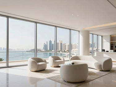 Sleek minimalist penthouse interior in The Pearl Qatar, floor-to-ceiling windows showing the marina, bright desert daylight, luxury furniture
