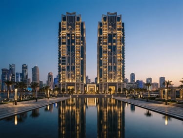 Elegant modern residential high-rise in West Bay Doha at twilight, warm architectural lighting reflecting on the water, symmetrical framing, luxury 35mm photography