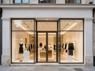 Elegant retail storefront exterior in Porto Arabia, clean white stone facade, large glass windows, twilight warm glow, 35mm