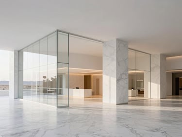 Minimalist commercial lobby with white marble floors, structural glass pillars, warm architectural lighting, high-end luxury, 35mm