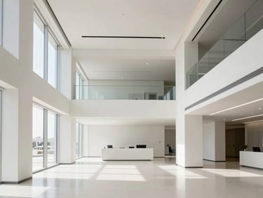 Wide-angle architectural view of a high-end corporate office interior in West Bay, sun-drenched minimalist design, clean lines, 35mm