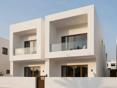Contemporary townhouse exterior in Msheireb Downtown Doha, elegant geometric facade, soft evening shadows, architectural elevation