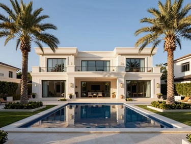 Bright daylight architectural photograph of a luxury villa exterior in West Bay Lagoon, sharp clean lines, manicured palm trees framing the composition, private pool reflecting the blue sky.
