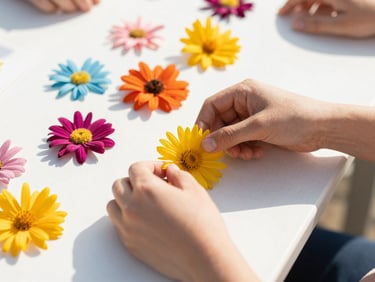 Close-up of hands arranging colorful wildflower decorations on a bright party table, warm natural daylight, shallow depth of field