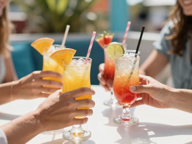 Close-up of hands holding colorful tropical drinks at a bright party table, vibrant decorations, sunny natural daylight, shallow depth of field.