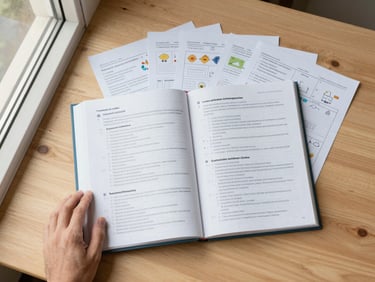 Flat-lay overhead shot on a light wooden surface: a teacher's guide open to a double-page spread with annotated lesson plans and small printed activity sheets fanned around it, natural window light from the left, a teacher's hand resting at the edge of the frame