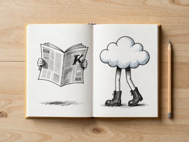 Flat-lay overhead shot on a light wooden surface: an open illustrated storybook with hand-drawn impossible images — a fish reading a newspaper, a cloud wearing boots — soft natural daylight from the upper left, no shadows obscuring the pages, a pencil resting beside the book