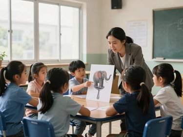 Wide shot of a small group of children seated around a low table in a real classroom, an educator leaning in to listen as one child points at a large impossible image card—an elephant balanced on a spoon—natural side-window daylight, no posed smiles, authentic moment of concentration