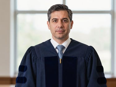 Professional portrait of a distinguished male notary-lawyer, natural light, symmetrical, deep navy and brass tones, sharp focus, 35mm.