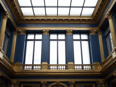 Interior architectural detail of a prestigious European law office, high ceiling, natural light streaming through large windows, deep navy and brass tones, symmetrical composition, sharp focus, 35mm