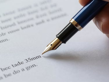 Close-up of a fountain pen signing a legal document on heavy paper, soft diffused daylight, deep navy and brass tones, sharp focus, 35mm