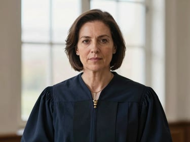 Professional portrait of a distinguished female lawyer, natural light, symmetrical, deep navy and brass tones, sharp focus, 35mm.