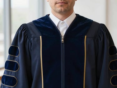 Professional portrait of a distinguished male notary, natural light, symmetrical, deep navy and brass tones, sharp focus, 35mm.