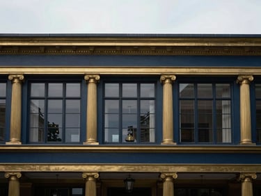 Architectural detail of a prestigious European law office, symmetrical composition, soft diffused daylight, deep navy and brass tones, sharp focus, 35mm