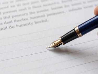 Close-up of a fountain pen signing a legal document on heavy parchment paper, soft diffused daylight, deep navy and brass tones, structured grid layout, sharp focus, 35mm